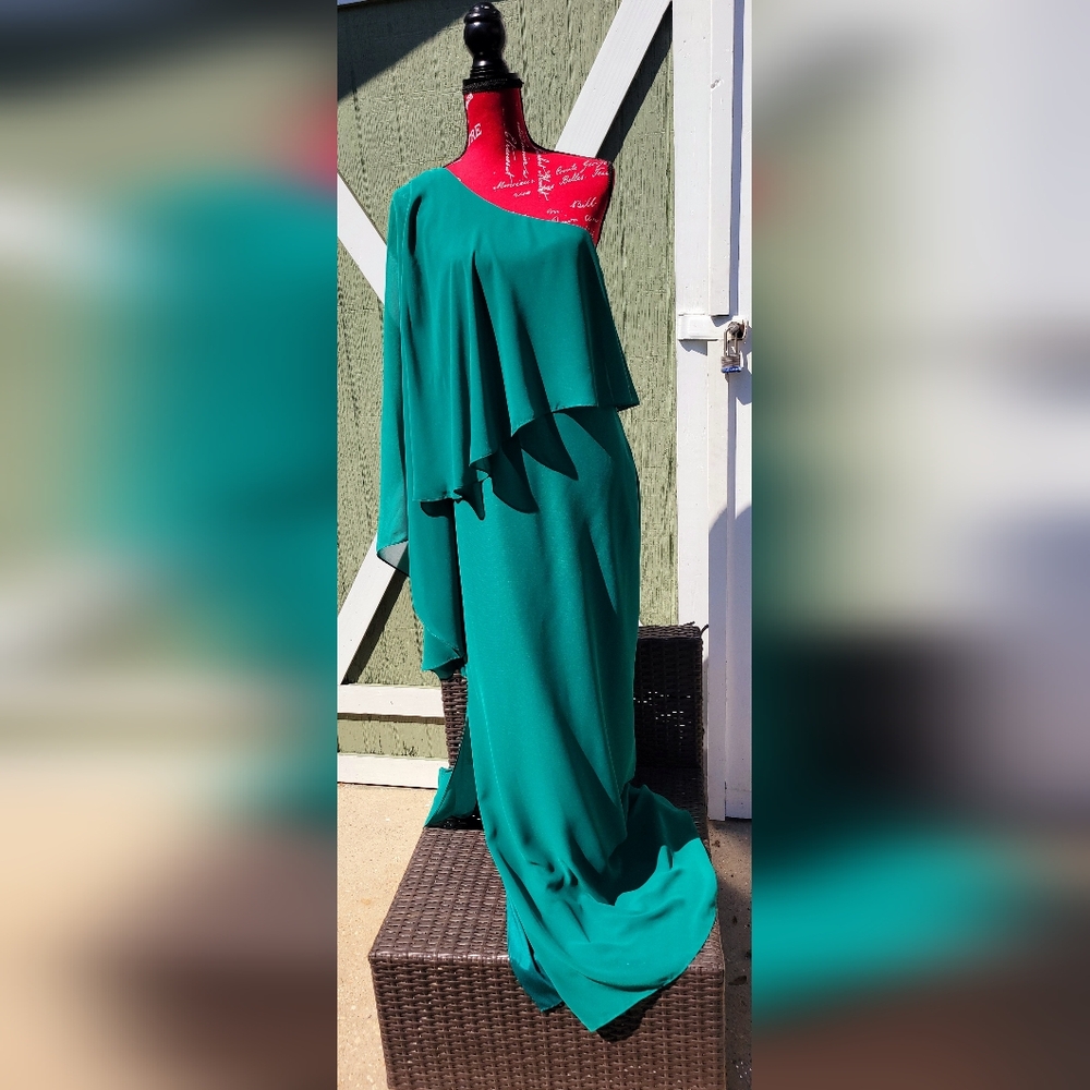 Landry By Shelli Segal One-Shoulder Teal Cascade Gown